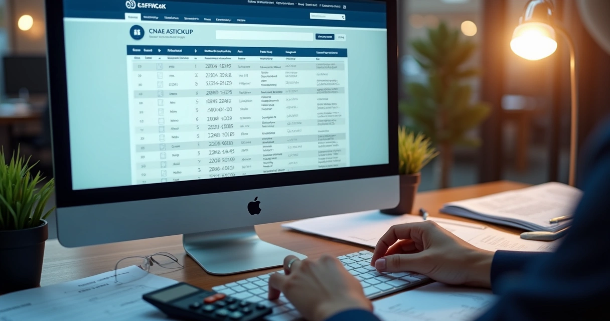 Tela de computador mostrando consulta de códigos CNAE em um site oficial com gráficos e documentos ao redor