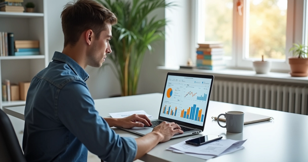 Empreendedor usando laptop para gerenciar microempresa com gráficos financeiros na tela
