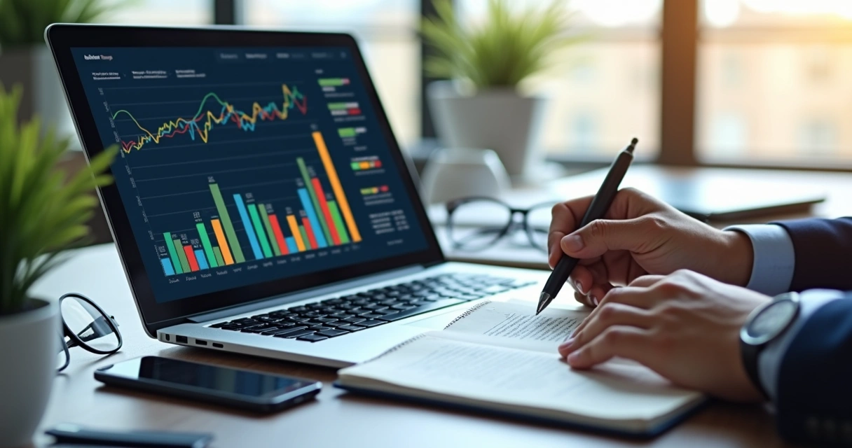 Pessoa analisando relatórios financeiros digitais em laptop com gráficos e anotações