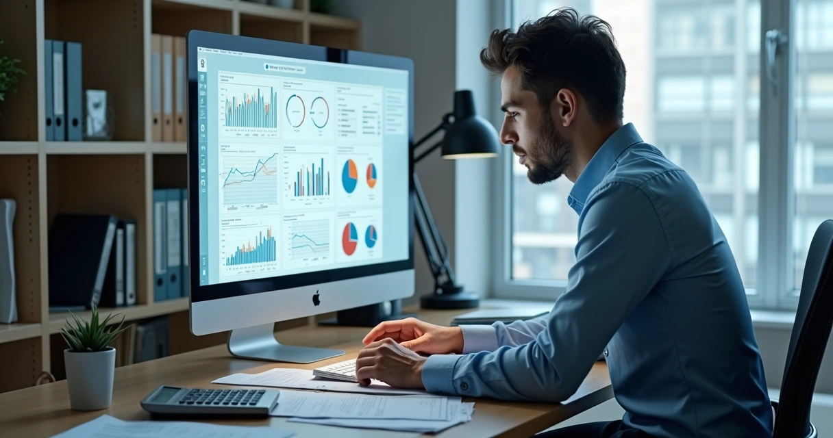 Homem analisando documentos fiscais em escritório moderno com computador e gráficos financeiros na tela