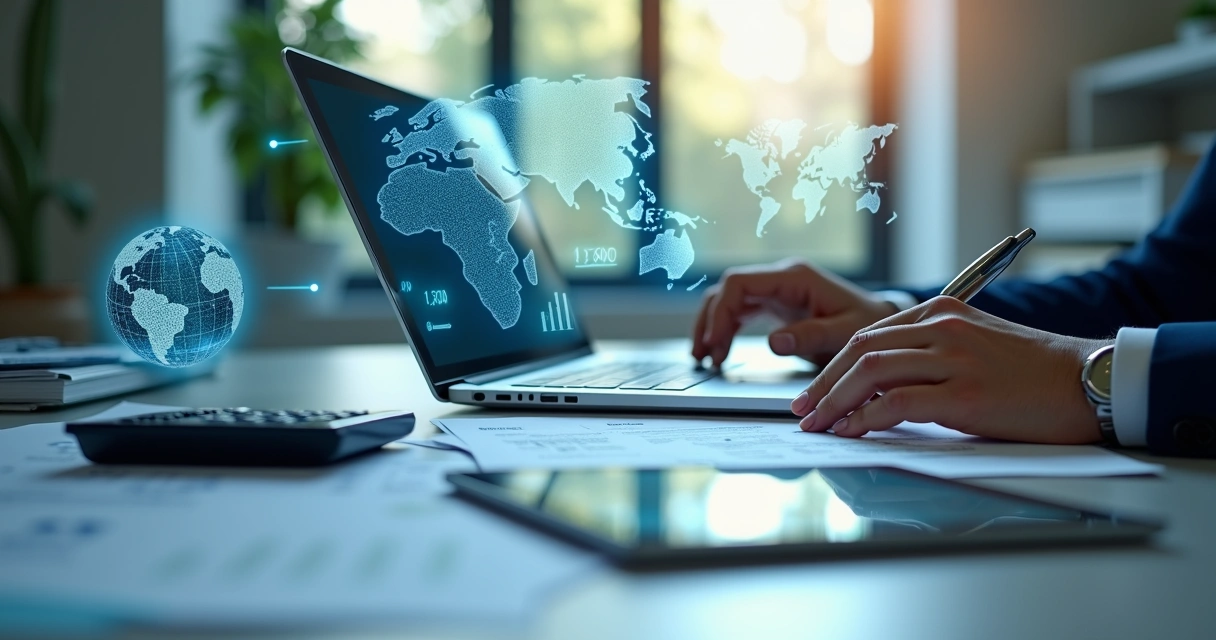 Pessoa utilizando laptop para preencher documentos fiscais com mapas do Brasil e globos ao fundo